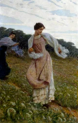 "Brisen. To kvinder på en mark leger og nyder deres varme, som blæser i vinden. Maleri af Luigi Rossi (1853-1923), ca. 1910-1912. Olie på lærred. Privat samling.