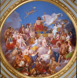 Gudernes råd (eller gudernes forsamling): Zeus på Olympen omgivet af guddomme. De er afbildet fra top til bund og til venstre: Ganymedes, Athene, Poseidon, Hermes, Hefaistos, Afrodite, Eros, de 3 Chariter, Dionysos og Ares. I midten