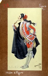 Repræsentation af figuren Figaro, "Figaros bryllup" af Wolfgang Amadeus Mozart fra 1786. Kostume af Luigi Sapelli Caramba (1865-1936)