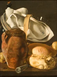 Stilleben med brød, en kande og en serviet, efter cirka 1830 (olie på lærred)