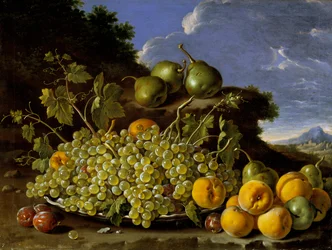 Stilleben med en tallerken druer, ferskner, pærer og blommer i et landskab, ca. 1771