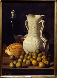 Jug, wide and small pears. Painting by Luis Melendez Dani