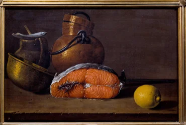 Skive af laks, en citron og redskaber. Maleri af Luis Melendez (1716 - 1780), spansk skole