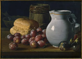 Stilleben med blommer, figner, brød, tønder, kande og andre kar