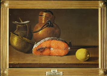 Stilleben med et stykke laks, en citron og tre kar (maleri på lærred)