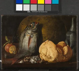 Stilleben med fisk, brød og kedel, c.1772