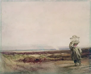 En dreng med en kurv på hovedet i et hedelandskab