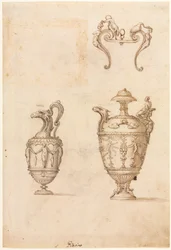 Design til to vaser og et ornament recto, midten af 1500-tallet.