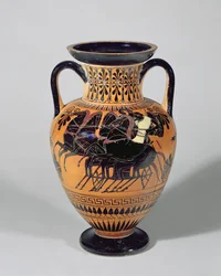 Attic sort-figur Amphora viser en vogn på hjul, 520-500 f.Kr. (ler)