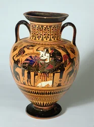 Sort-figur amfora forestillende Dionysos og Ariadne Banket, græsk, 530-520 f.Kr. (ler)