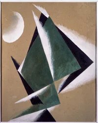 Konstruktion med hvid halvmåne. Værk af Lyubov (Lioubov) Sergeyevna Popova (1889-1924), gouache på pap