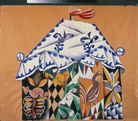 Skitse af gardinet til skuespillet "" Af paven og hans kammertjener Balda "", af Alexander Pushkin (1799-1837). Værk af Lyubov (Lioubov) Sergeyevna Popova (1889-1924), collage, gouache og bronze på papir