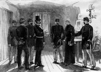 Deportation af jesuiterne fra Rue de Sevres i Paris efter dekreter fra marts 1880 udstedt af Jules Ferry og fjernelse af retten til at undervise medlemmer af uautoriserede religiøse menigheder: en jesuitefar pågrebet i sin celle. 30. Juni 1880. En