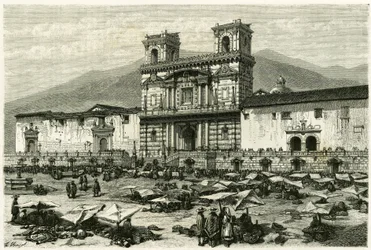 Katedralen i Quito (hovedstad i det nuværende Ecuador) og den populære underholdning på pladsen. Gravering af Clerget og Ferdinandus, for at illustrere historien "Equinoxiale America""