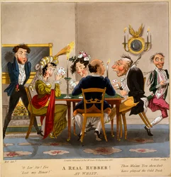 Et rigtigt gummi! At Whist, tryk lavet af George Hunt, 1827 (håndfarvet gravering)