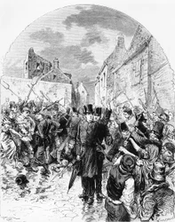 Optøjer i Irland - En katolsk præst arresteret af politiet i Mullingar bliver reddet af folket fra Le Monde Illustré, 25. juni 1881