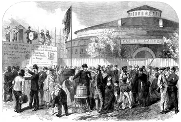 Indrullering af irske og tyske emigranter på Battery, New York, USA, 1864.