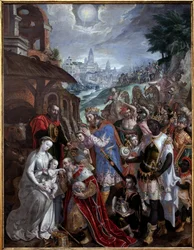 Tilbedelse af Magi. Over den hellige familie og magierne, hyrdens stjerne. Maleri af Maaerten de Vos (Martin de Vos, Marten de Vos) (1532-1603), flamsk kunst 1500-tallet. Museum of Fine Arts i Valenciennes.