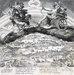 Luna: allegori over Månen (Diana) og Skorpionen, der er under dens indflydelse (stjernetegn) - gravering af Maerten de Vos (Marten de Vos, Marten de Vos) (1532-1603), n.d.