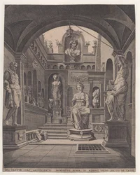 Skulpturer i Villa Sassi i Rom, kobberstik af Coornhert, Dirck Volckertsz (1519/22-1590)