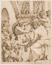 Kristus bliver kronet med torne, ca. 1548 (Pen, brunt blæk og sort kridt på buff-papir)