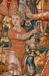 Stiftsmuseet. Flamsk gobelin. Bruxelles. Atelier François Geubels. Serien Fortællingen om Gideon. Israelitterne overdrager deres del af byttet til Gideon. Silke og uld. Testamentarisk gave fra biskoppen.