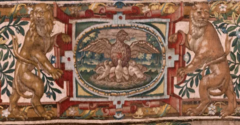 Stiftsmuseet. Flamsk gobelin. Bruxelles. Atelier François Geubels. Serien Fortællingen om Gideon. Israelitterne overdrager deres del af byttet til Gideon. Silke og uld. Testamentarisk gave fra biskoppen.