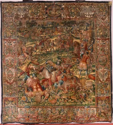 Stiftsmuseum (Diocesan Museum). flamsk gobelin. Bruxelles. François Geubels værksted. Serien historien om Gideon. Midjanitternes nederlag. Silke og uld. Legat fra biskop Vincent Rock af Serna. Barok. 1534-1571, i