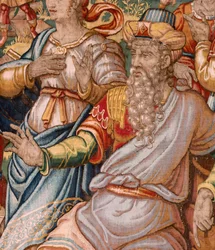 Stiftsmuseum (Stiftsmuseet). flamsk gobelin. Bruxelles. François Geubels værksted. Serien Historien om Gideon. Joash får at vide, at Gideon har ødelagt Ba