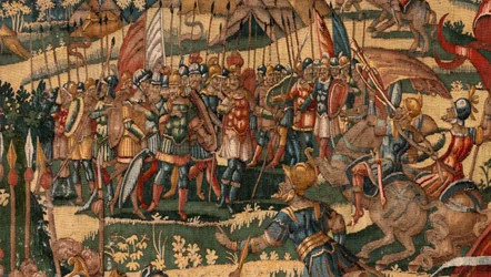 Stiftsmuseum (Museo Diocesano). flamsk gobelin. Bruxelles. Atelier François Geubels. Serie Story of Gideon. Miraklet med den uldne fleece (Prueba del vellón de lana). Silke og uld. Legat fra biskop Vicente Roca de la Serna. Barok. 1534-1571, i