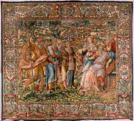 Stiftsmuseum (Stiftsmuseet). flamsk gobelin. Bruxelles. François Geubels værksted. Serien Historien om Gideon. Joash får at vide, at Gideon har ødelagt Ba