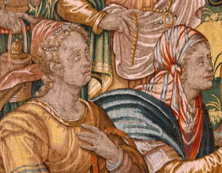 Stiftsmuseum (Stiftsmuseet). flamsk gobelin. Bruxelles. François Geubels værksted. Serien Historien om Gideon. Israelitterne giver deres del af byttet til Gideon. Silke og uld. Legat af Bisho