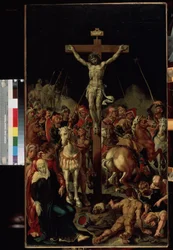 ""Golgata"" (Golgata) Korsfæstelsen. Indskriften ""INRI"" på korset. Centralpanel af en triptykon. Maleri af Maarten van Heemskerck (Maerten Heemskerk van Veen) (Marten, Martin) (1498-1574) 1545-1550 Dim. 100,7x58,3 cm Eremitagemuseet, Sain