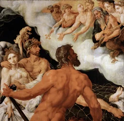 Mars og Venus fanget i Vulkans net - Maarten Jacobsz van Heemskerck (1498-1574). Olie på træ, ca. 1540. Mål: 96x99 cm. Kunsthistorisches Museum, Wien