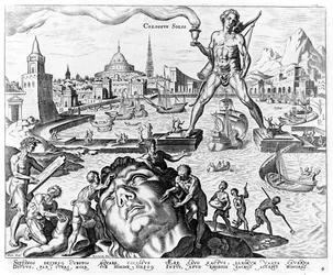 Kolossen på Rhodos, tavle 4 fra Verdens otte underværker, graveret af Philips Galle, 1572
