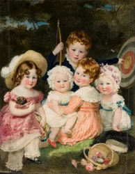 Portræt af de fem ældste børn af den 2. jarl af Bradford (1789-1865), ca. 1821-74 (olie på lærred)