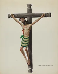 Cristo, udskåret og malet, på sort udskåret trækors, ca. 1937.