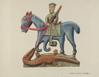 Saint George & the Dragon, skåret ud af plankesnit - malet, ca. 1938.