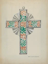 Tin og malet glaskors, ca. 1937.