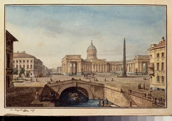 La cathedrale Kazan a Saint Petersburg (Kazan-katedralen i Sankt Petersborg) - Værk af Maxim Nikiphorovich Vorobyev (Vorobiev) (1787-1855), blæk og akvarel på papir