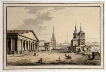 Udsigt over karrusellen, Koutafia-tårnet og Saint Nicholas the Thaumaturge-kirken i Moskva (Rusland). (Udsigt over Manege, Kutafya-tårnet og Saint Nicholas-kirken, Moskva). Arkitektur: Manegen opført mellem 1817 og 1825 af arkitekten Joseph Bove (1784-18)
