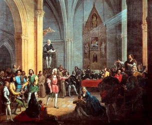 Christopher Columbus under læsningen af Royal Pragmatic, detalje af et maleri af Manuel Cabral y Aguado Bejarano. 19. århundrede