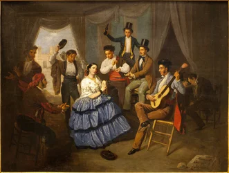 Danser i et karnevalshus. Maleri af Manuel Cabral Bejarano (1827-1891), olie på lærred
