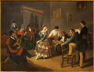 Danser i en stue. Maleri af Manuel Cabral Bejarano (1827-1891), olie på lærred