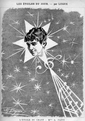 Adelina Patti (1843-1919), italiensk sangerinde. "Sangens stjerne", tegneserie af tegneren Manuel Luque. I "Tegnefilmen" fra 1886.