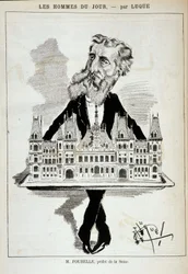 Tegneserie af M. Poubelle, præfekt for Seinen, der bærer rådhuset i Paris på et plateau - Dess. af Luque, i "La Caricature"" af 13/08/1887¿