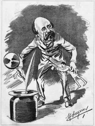 Edmond Gondinet (1828-1888) fransk dramatiker. Tegneserie af tegneren Manuel Luque. I "Tegnefilmen" fra 1886.