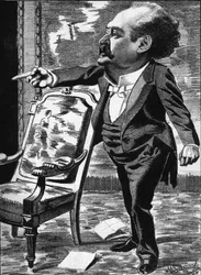 Jose Dupuis (1831-1900), skuespiller, fantasy-komiker. Tegneserie af tegneren Manuel Luque. I "Tegnefilmen" fra 1886.