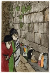 Jøder foran Grædemuren, den eneste rest af Jerusalems tempel bygget af kong Salomon i -950. Gravering af Manuel Orazi (1860-1934), i "" L
