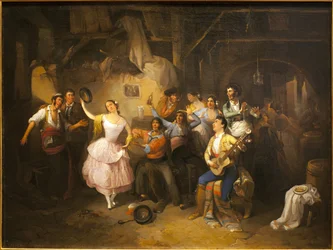 Danser i et værtshus. Maleri af Manuel Rodriguez de Guzman (1818-1867), olie på lærred